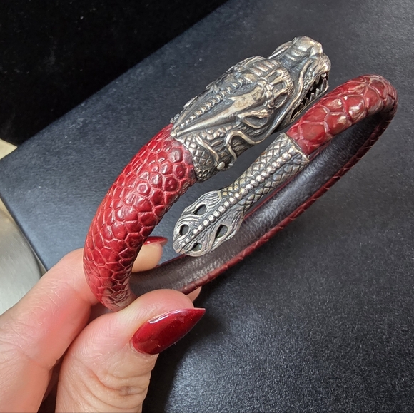 Slver And Red reptile leather and  Dragon Bracelet - Picture 4 of 11